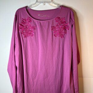 DG2 by Diane Gilman Women's 2X Pink Embroidered Long Sleeve T-Shirt Tunic NWT